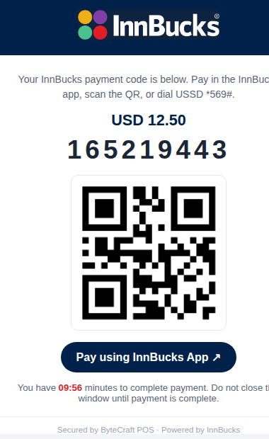 The hosted InnBucks checkout popup: branded header, amount, payment code, QR, deep-link button and a countdown